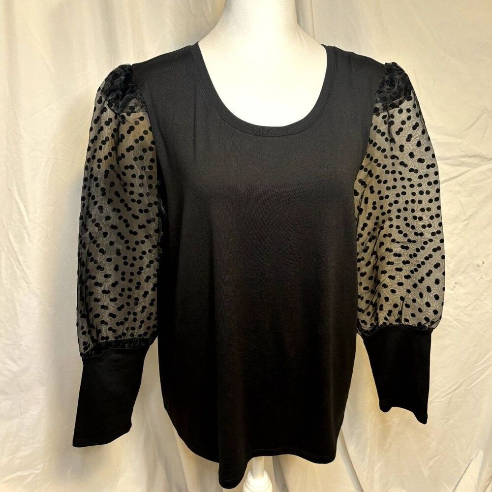 EST 1946 Black Polka Dot Mesh Puff Sleeve Pullover Blouse Womens NWT